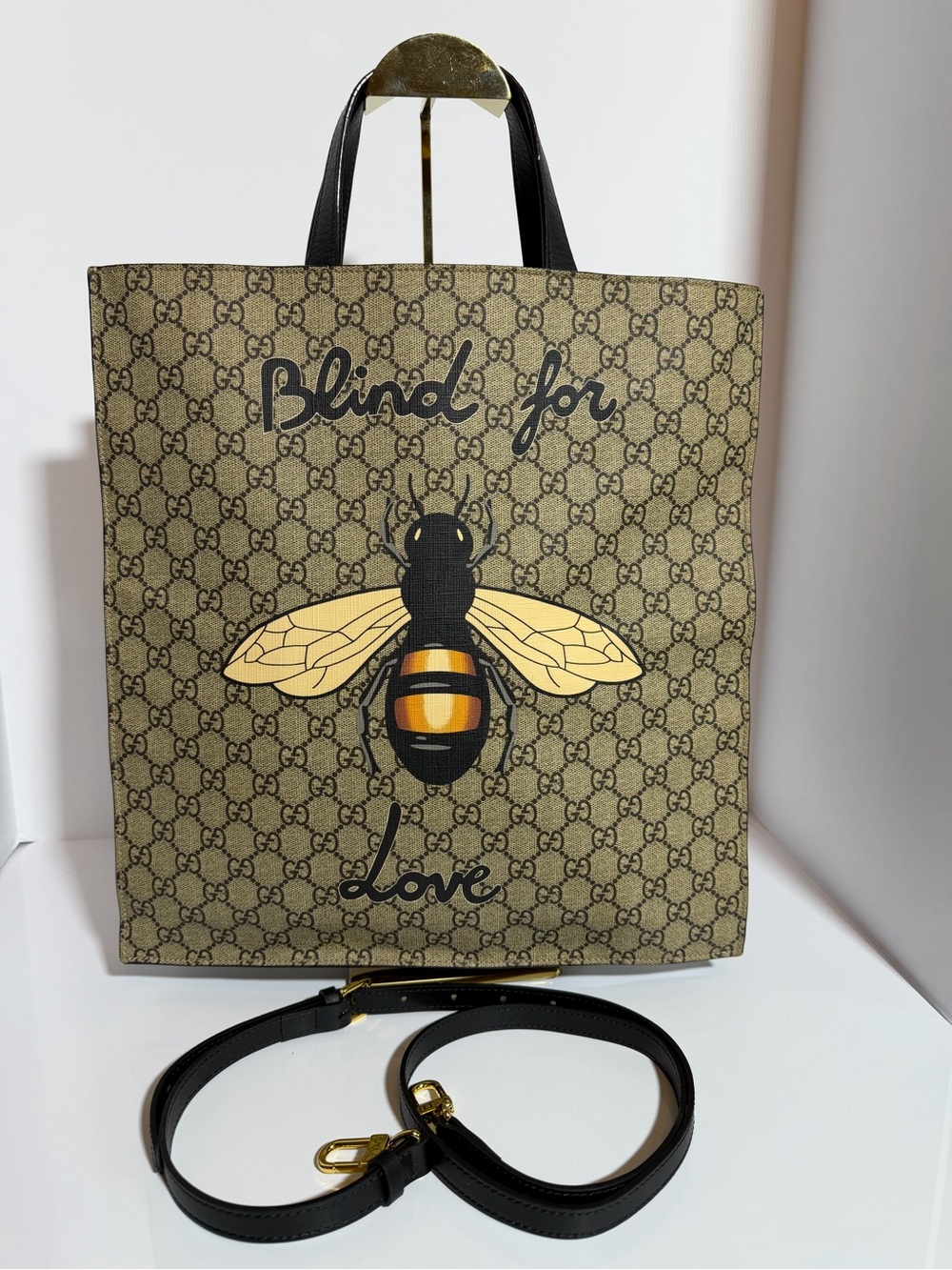 Gucci Beige GG Supreme Tote with Bee Motif and Black Leather Strap